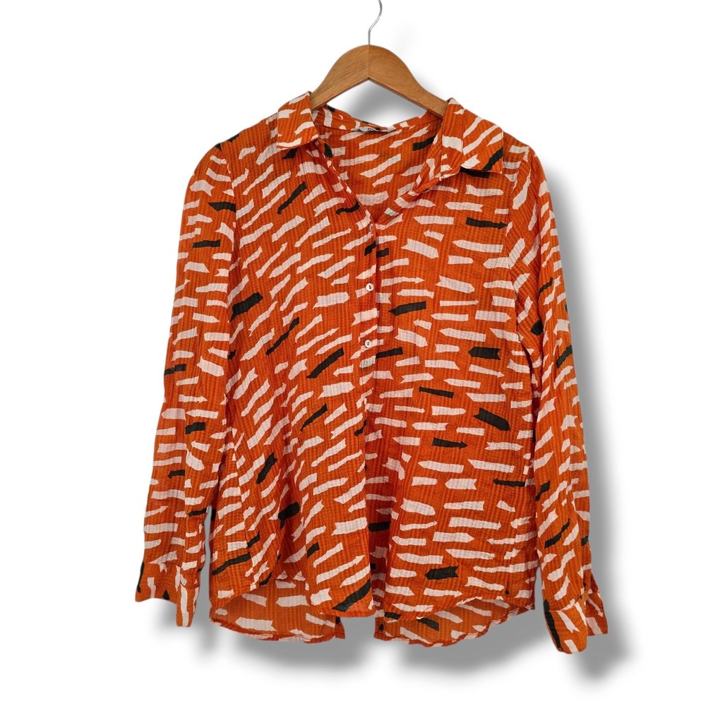 ONLY Orange Abstract Arrow Print Textured Button Down Shirt Size 40 Long Sleeve